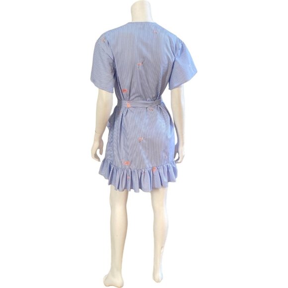 ROMEO & JULIET COUTURE Blue & White Striped Wrap Dress With Flamingos, Small - Picture 7 of 12